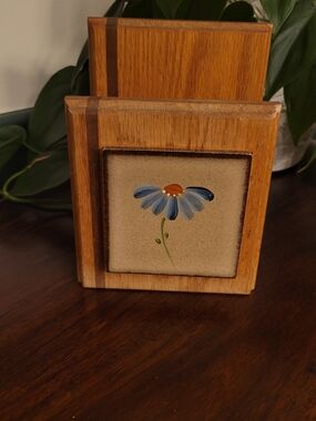 Hand-Painted Blue Daisy Ceramic Tile Wooden Napkin Holder